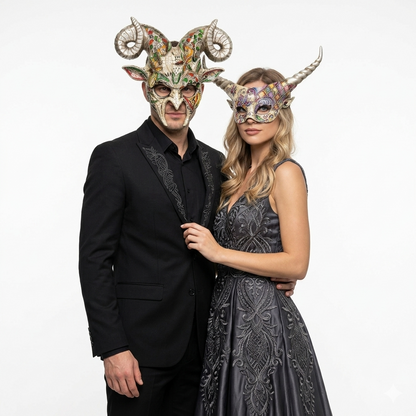 Classic Silver Devil Demon Goat Horn Couple Masquerade Party Masks For Halloween