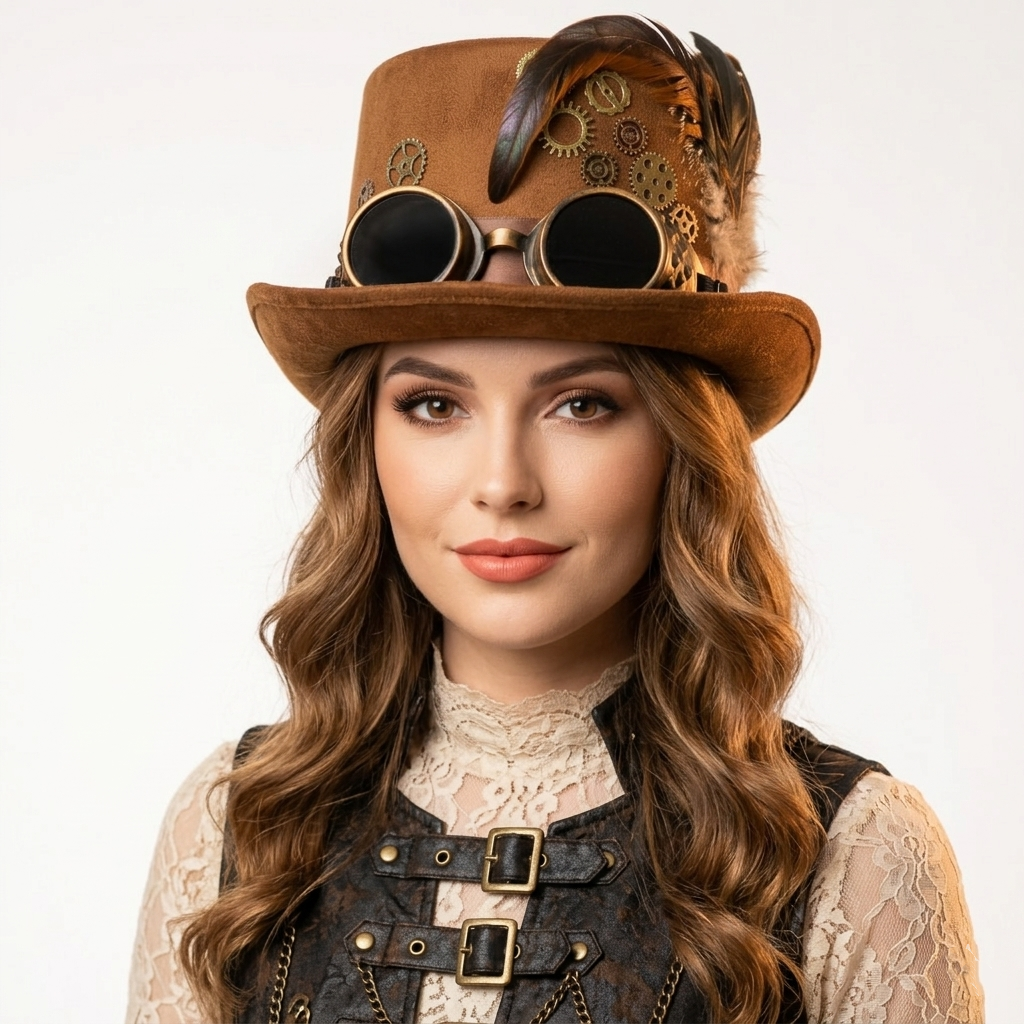 Brown Steampunk Victorian Mad Hatter Scientist Time Traveler Top Hat with Goggles For Halloween 
