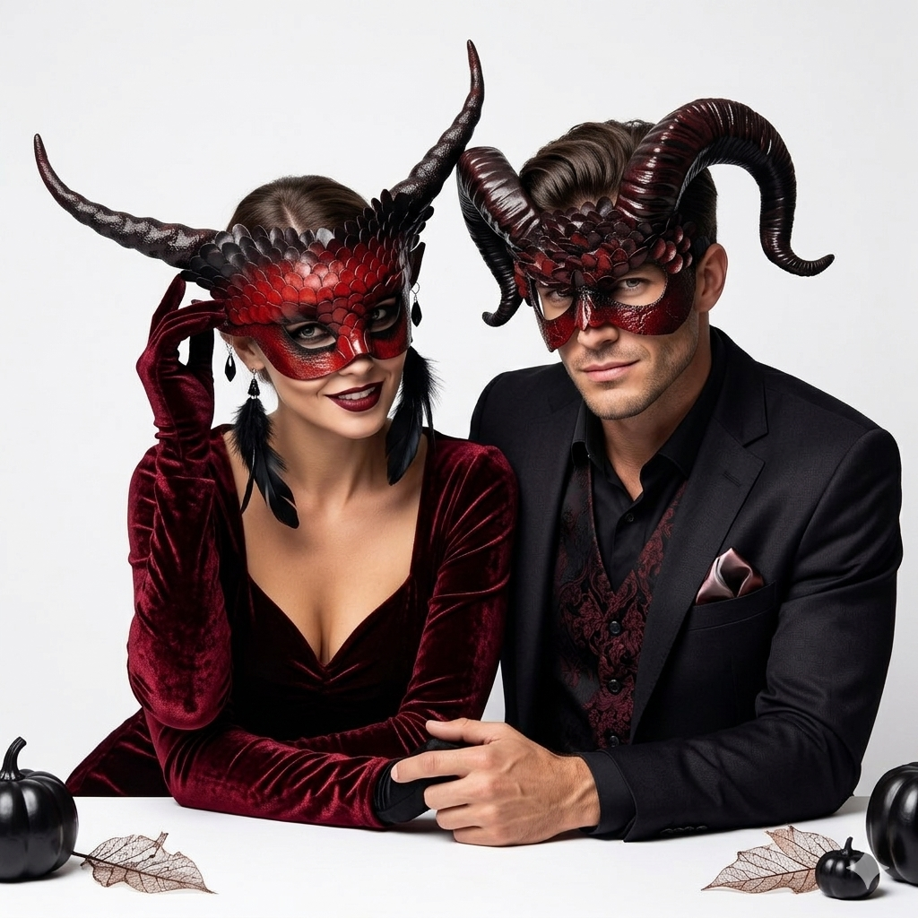 Red Devil Demon Goat Horn Masquerade Party Mask For Couples