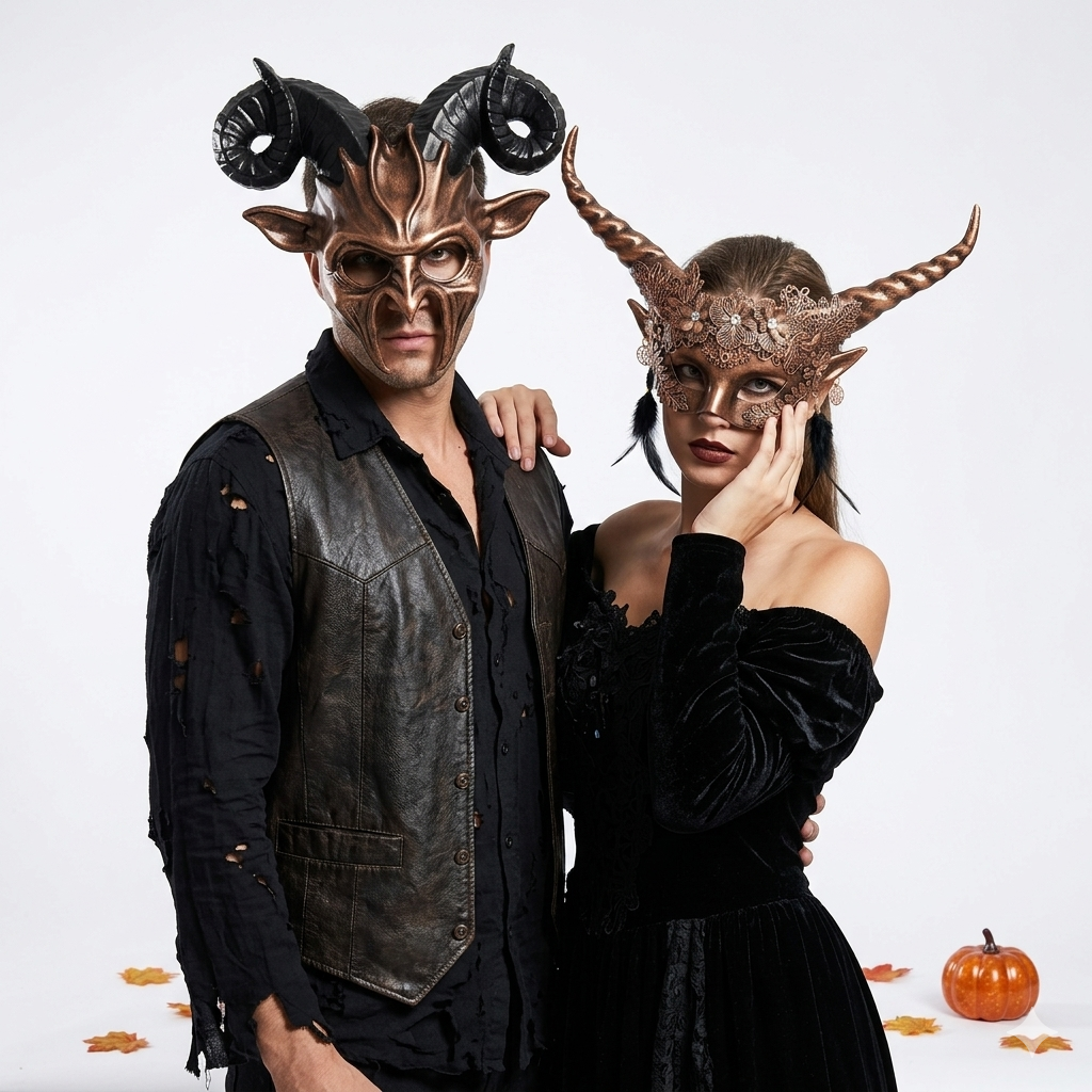Bronze Goat Horn Masquerade Party Mask For Couples