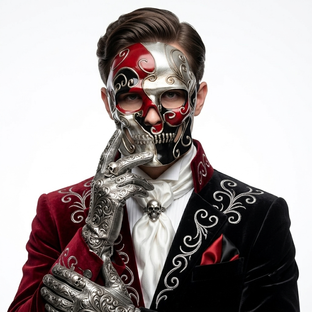 Day of the Dead Skull Mask Scary Skeleton Costume Party Masks - Red &amp; Silver