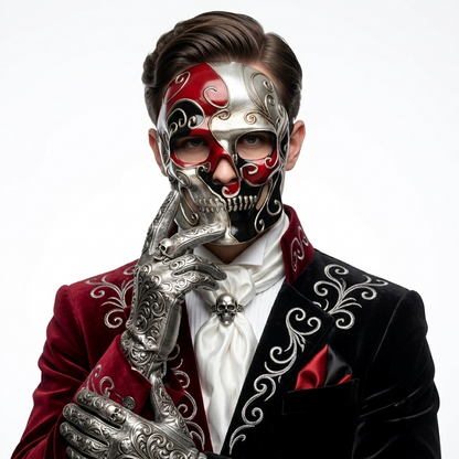 Day of the Dead Skull Mask Scary Skeleton Costume Party Masks - Red &amp; Silver