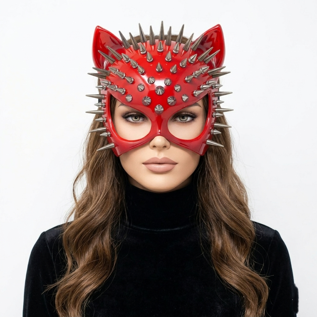 Cat Women Masquerade Party Ball Spike Face Masks -red