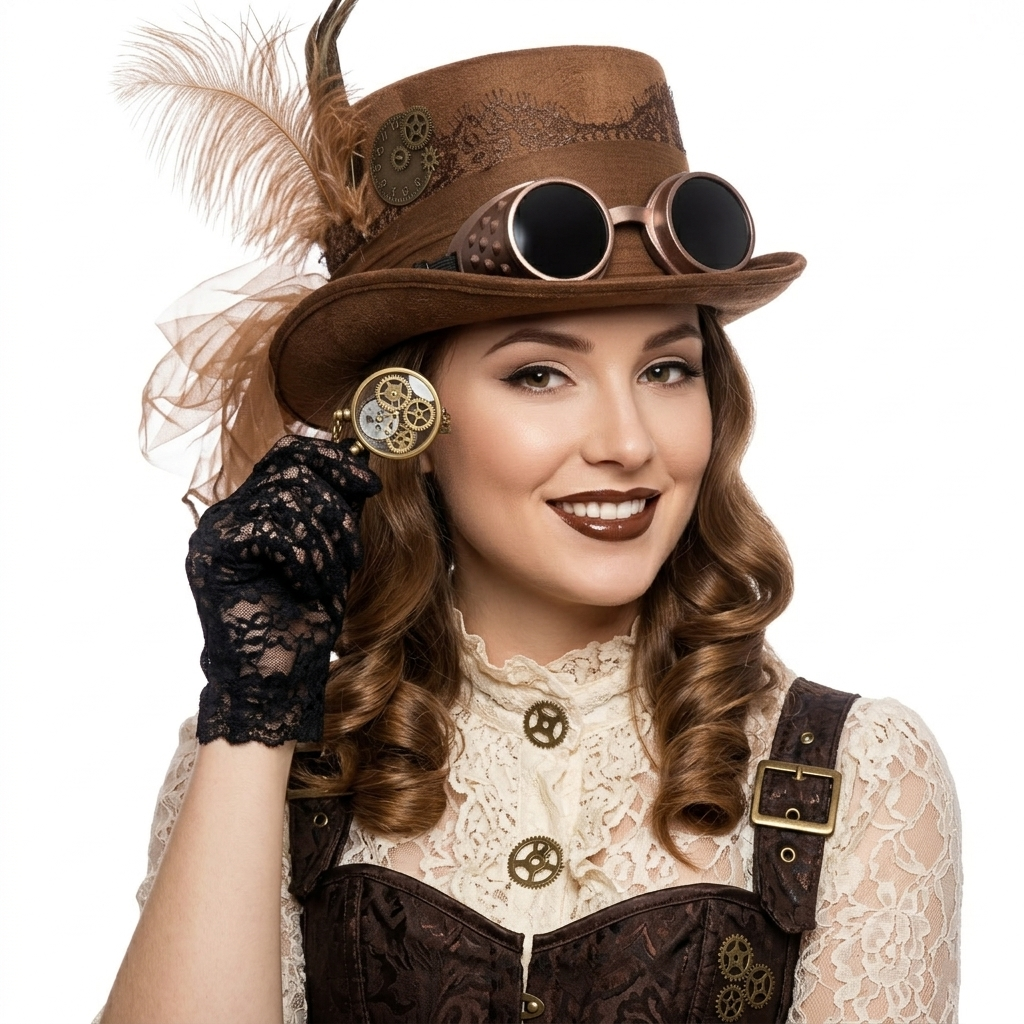 Brown Steampunk Victorian Mad Hatter Top Hat with Goggles For Halloween 
