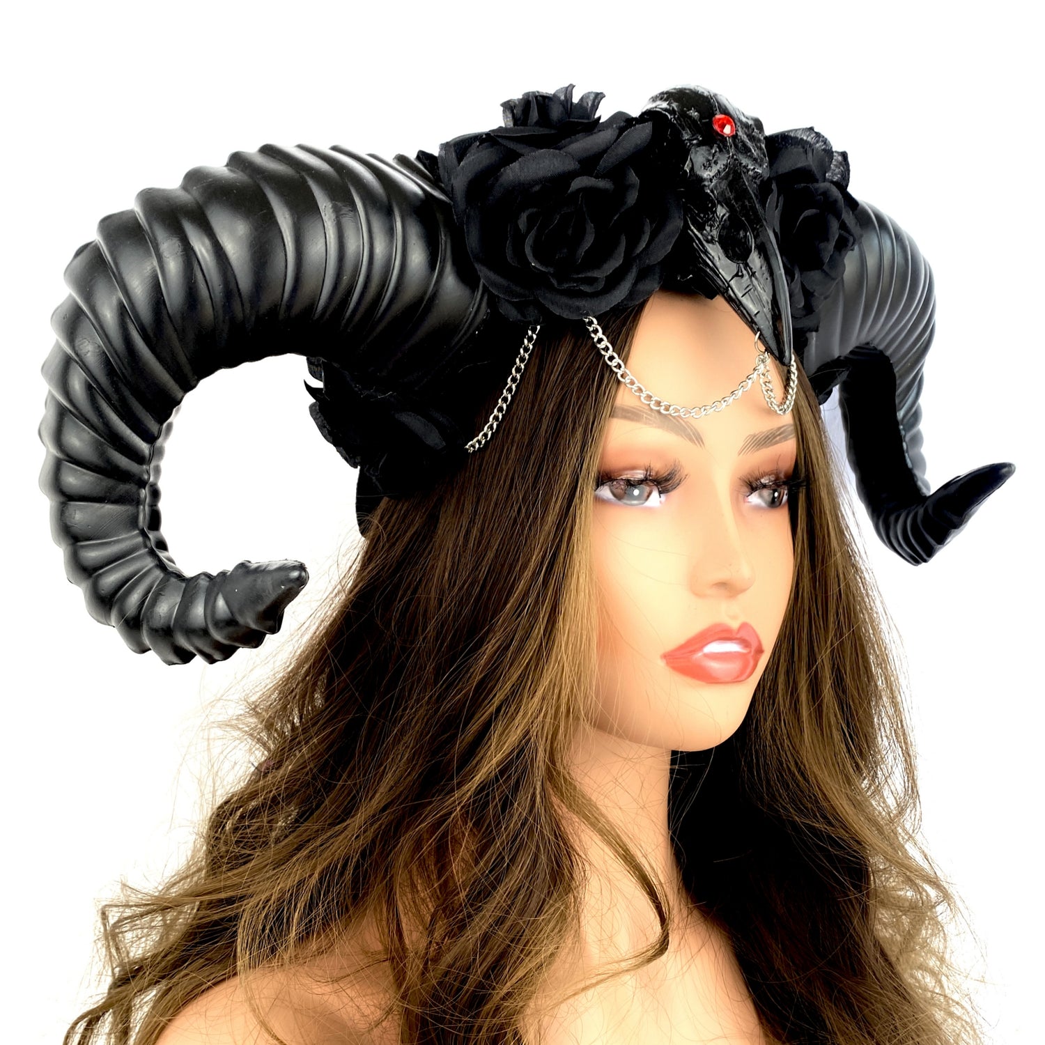 Black Steampunk Style Luxury Metallic Ram Goat Horn Devil Headband Halloween Costume Masquerade Cosplay Prom Ball Party