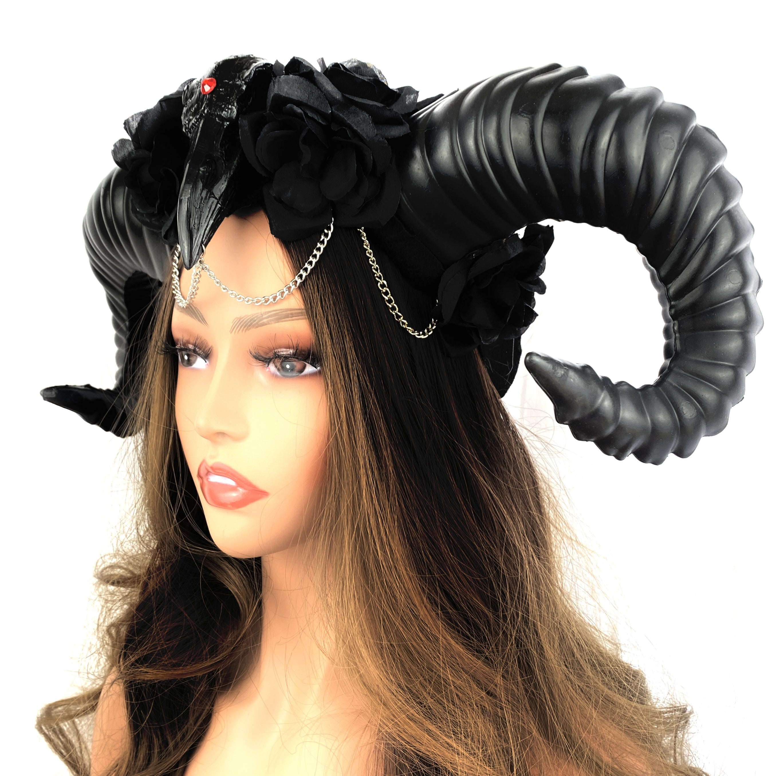 Black Steampunk Style Luxury Metallic Ram Goat Horn Devil Headband Halloween Costume Masquerade Cosplay Prom Ball Party