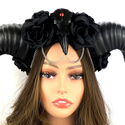 Black Steampunk Style Luxury Metallic Ram Goat Horn Devil Headband Halloween Costume Masquerade Cosplay Prom Ball Party