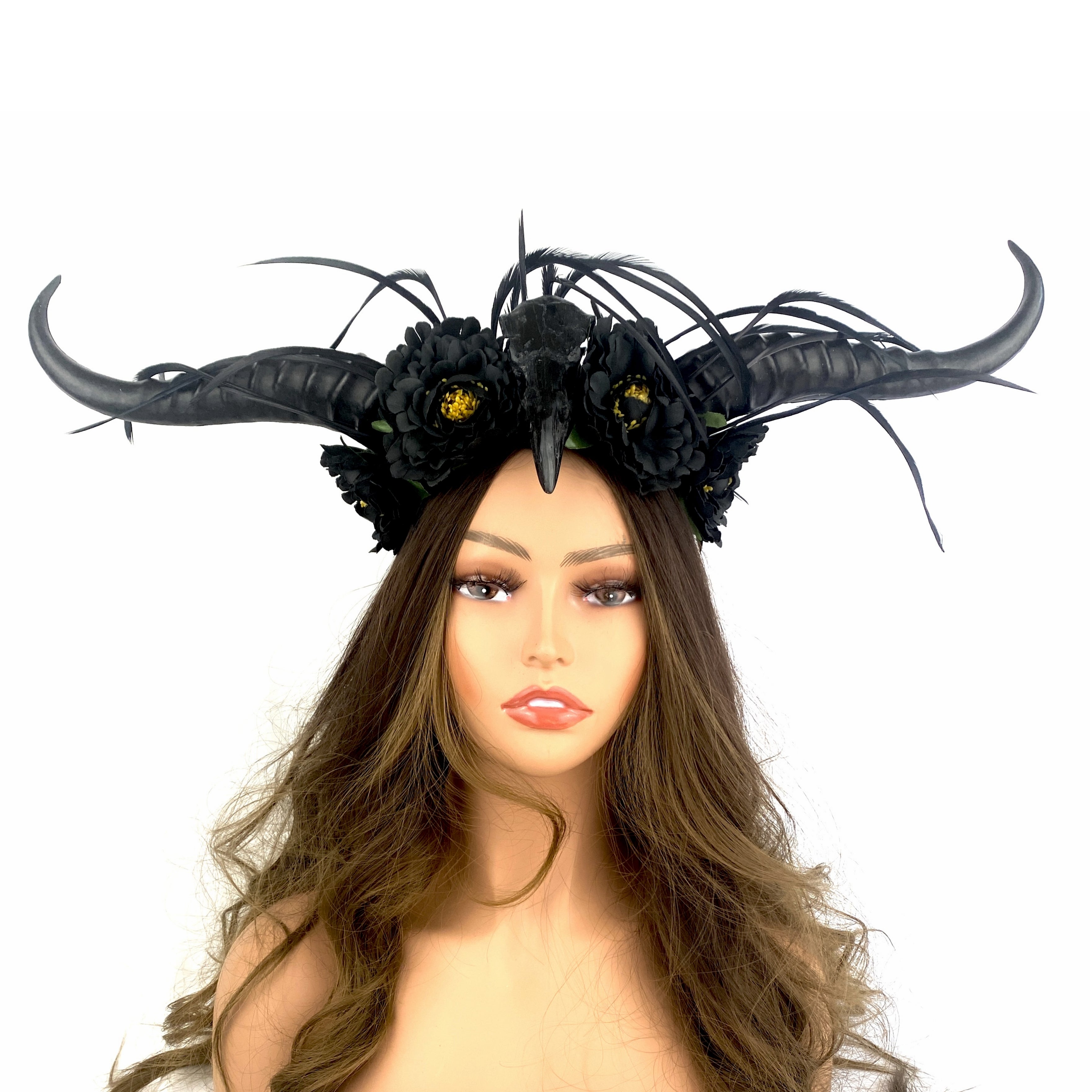 Black Steampunk Style Luxury Metallic Ram Goat Horn Devil Headband Halloween Costume Masquerade Cosplay Prom Ball Party