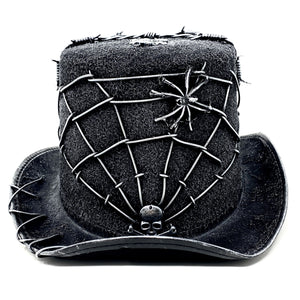 Silver Steampunk Gothic Top Hat With Spider Web and Skull 