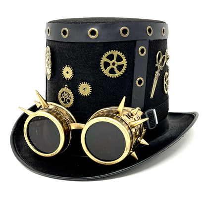 Steampunk Top Hat Metallic Mad Hatter Scientist Time Traveler Halloween Costume Cosplay With Goggles