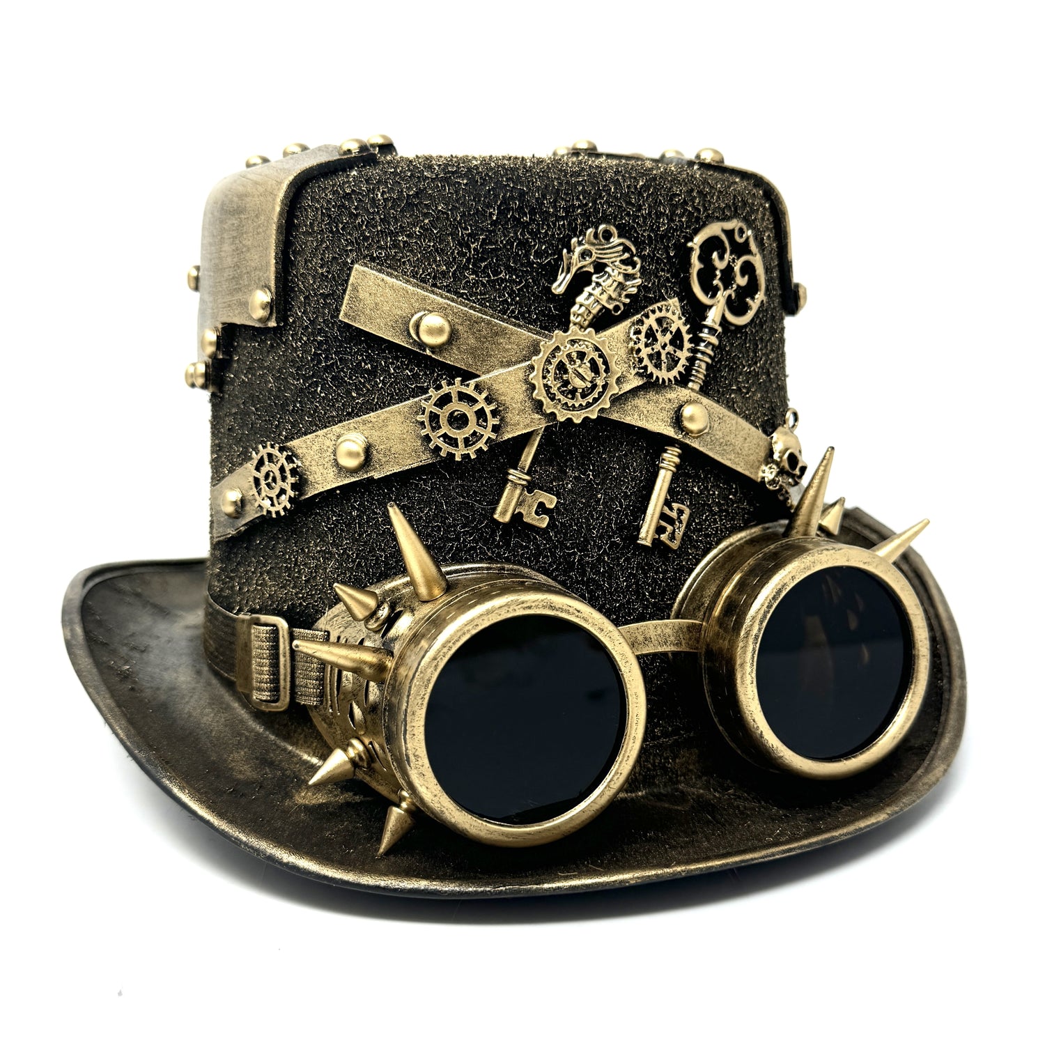 Gold Steampunk Victorian Mad Hatter Scientist Time Traveler Top Hat with Goggles For Halloween