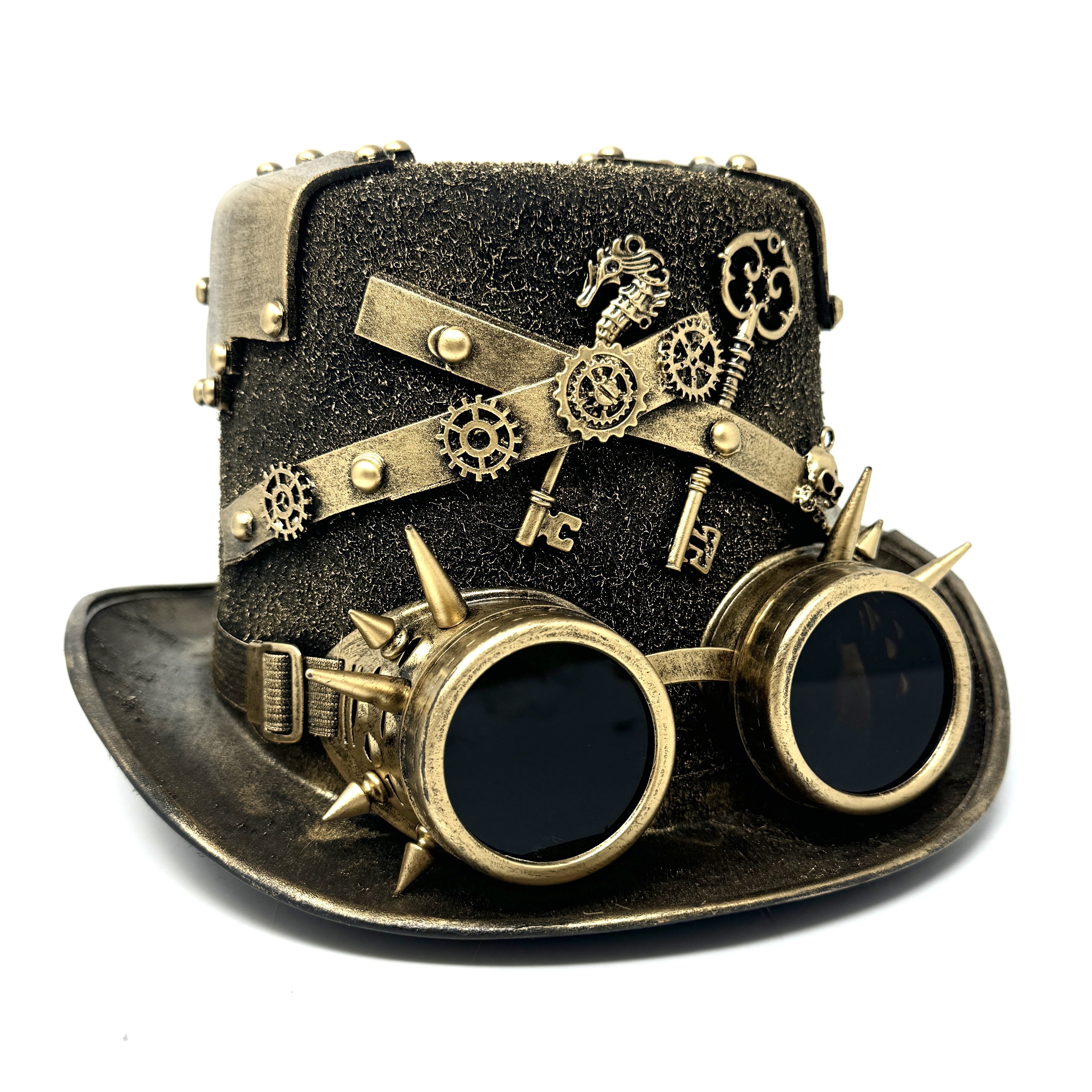 Gold Steampunk Victorian Mad Hatter Scientist Time Traveler Top Hat with Goggles For Halloween