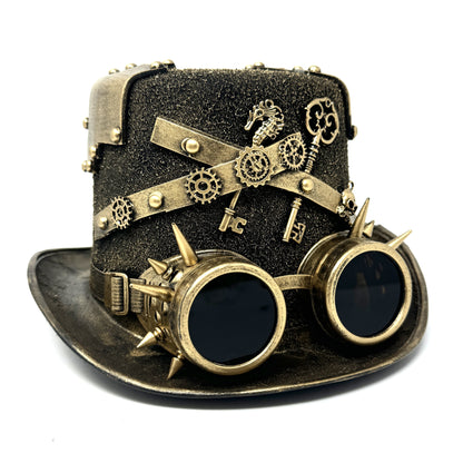 Gold Steampunk Victorian Mad Hatter Scientist Time Traveler Top Hat with Goggles For Halloween