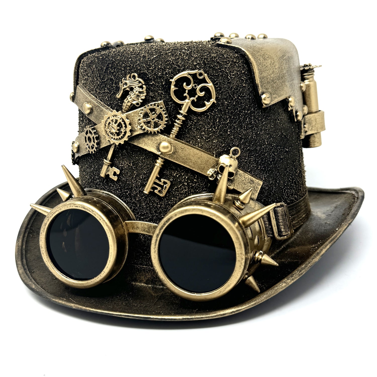 Gold Steampunk Victorian Mad Hatter Scientist Time Traveler Top Hat with Goggles For Halloween