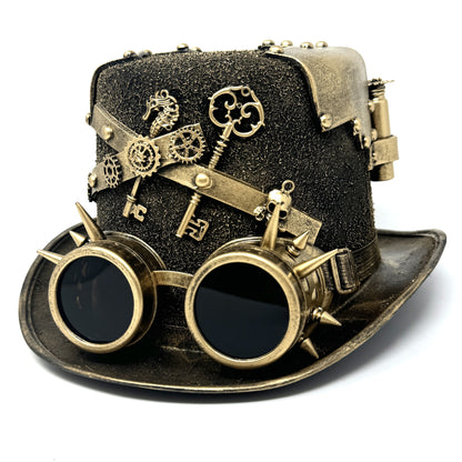 Gold Steampunk Victorian Mad Hatter Scientist Time Traveler Top Hat with Goggles For Halloween
