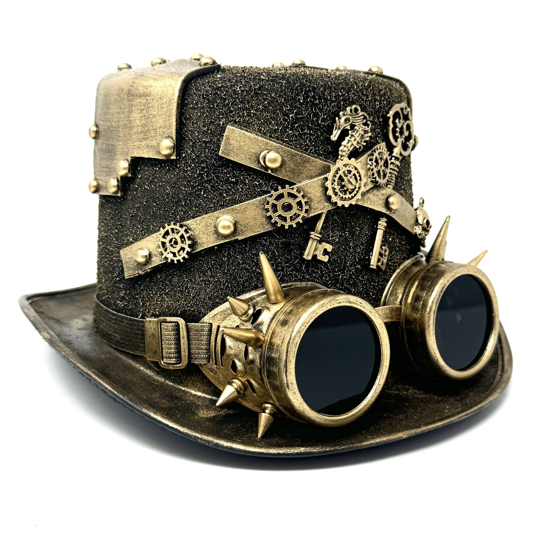 Gold Steampunk Victorian Mad Hatter Scientist Time Traveler Top Hat with Goggles For Halloween
