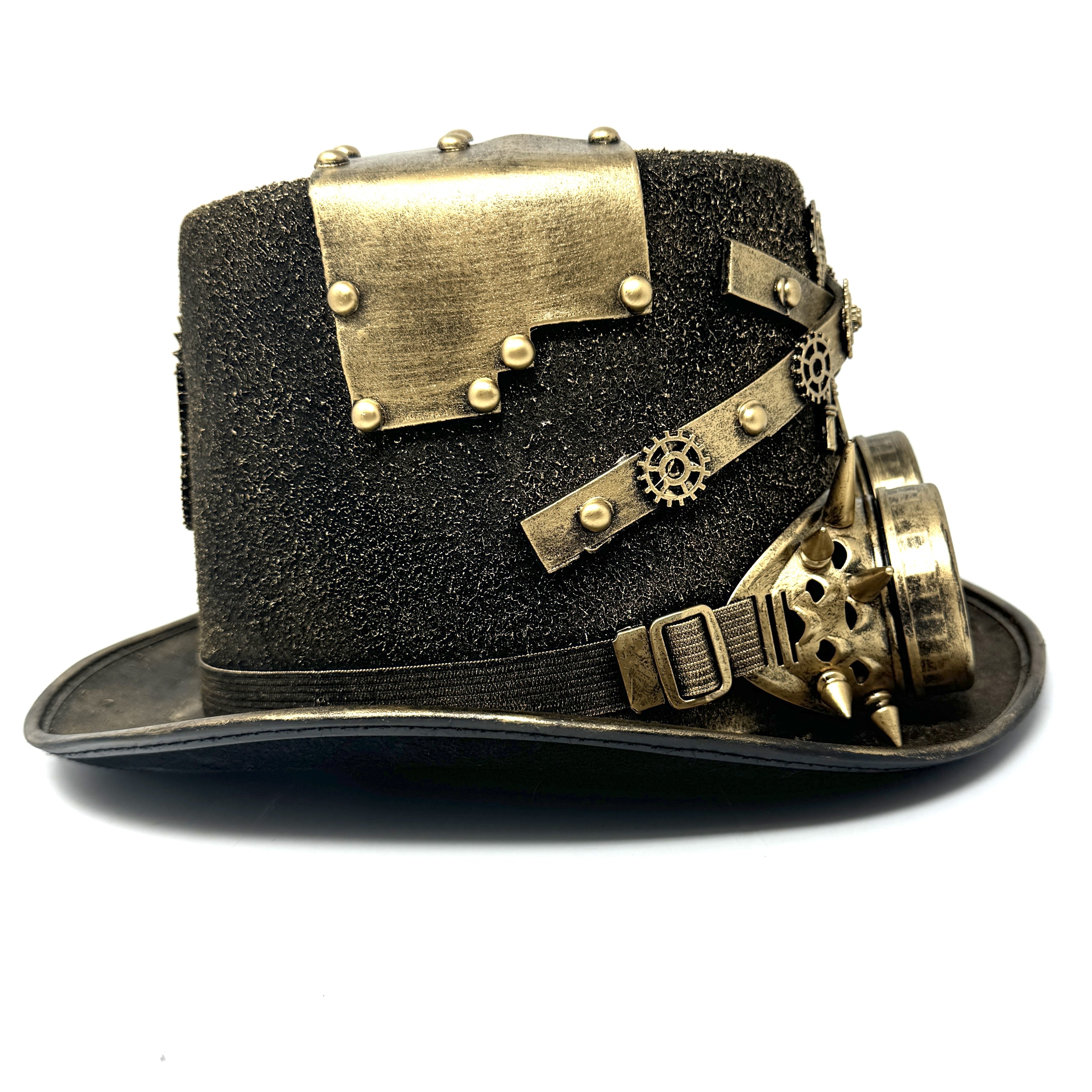 Gold Steampunk Victorian Mad Hatter Scientist Time Traveler Top Hat with Goggles For Halloween