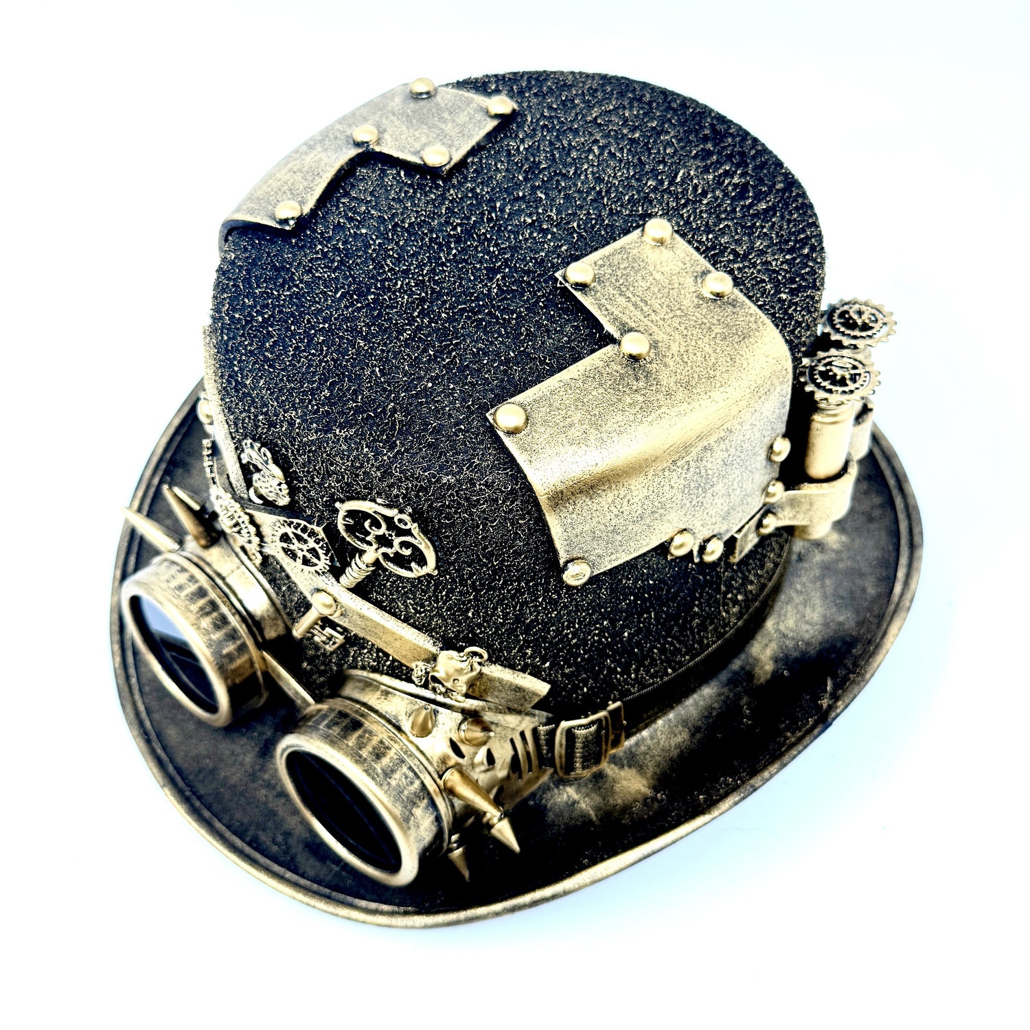Gold Steampunk Victorian Mad Hatter Scientist Time Traveler Top Hat with Goggles For Halloween