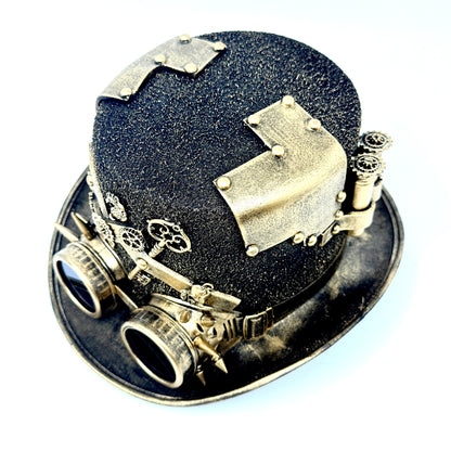 Gold Steampunk Victorian Mad Hatter Scientist Time Traveler Top Hat with Goggles For Halloween