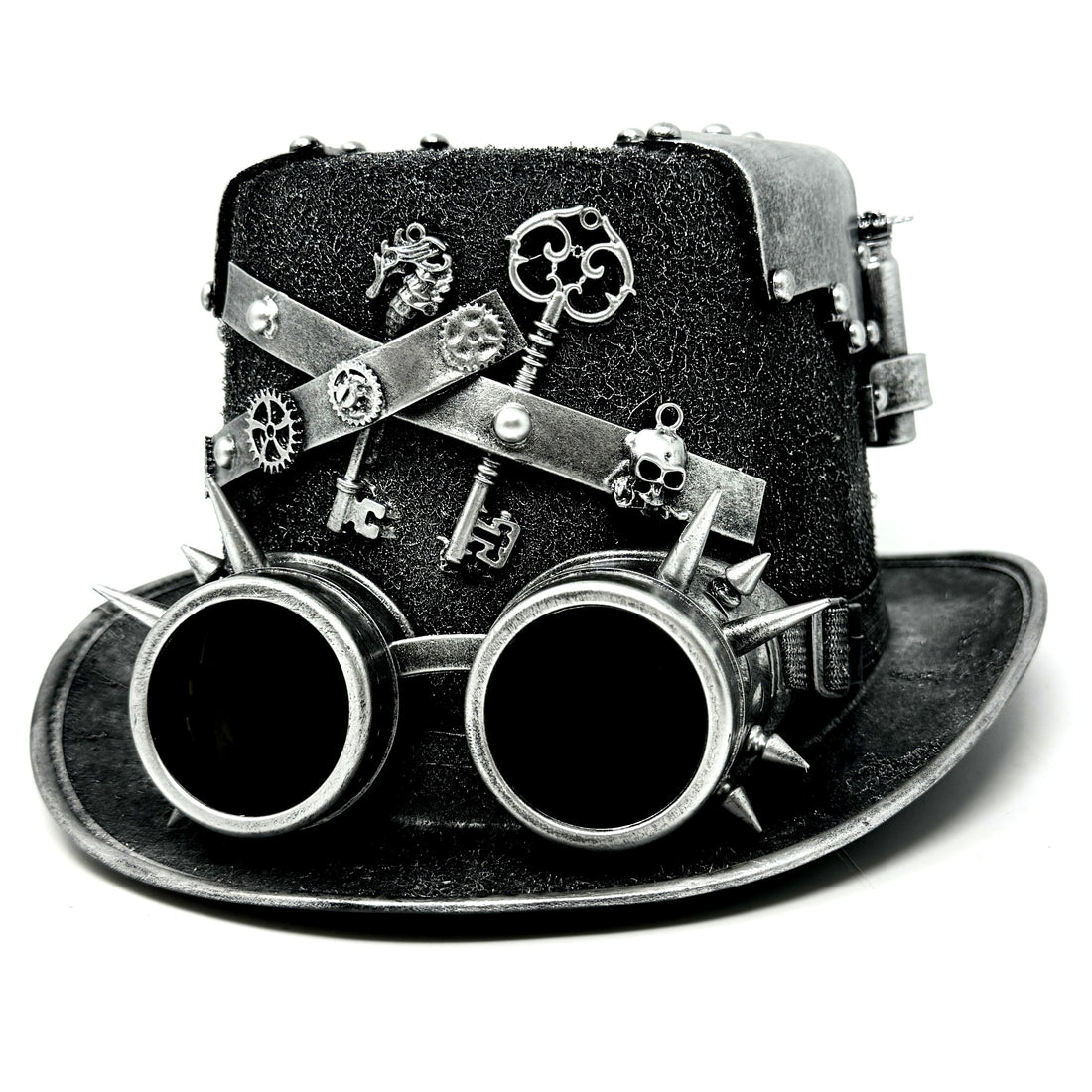 Silver Steampunk Victorian Mad Hatter Scientist Time Traveler Top Hat with Goggles For Halloween