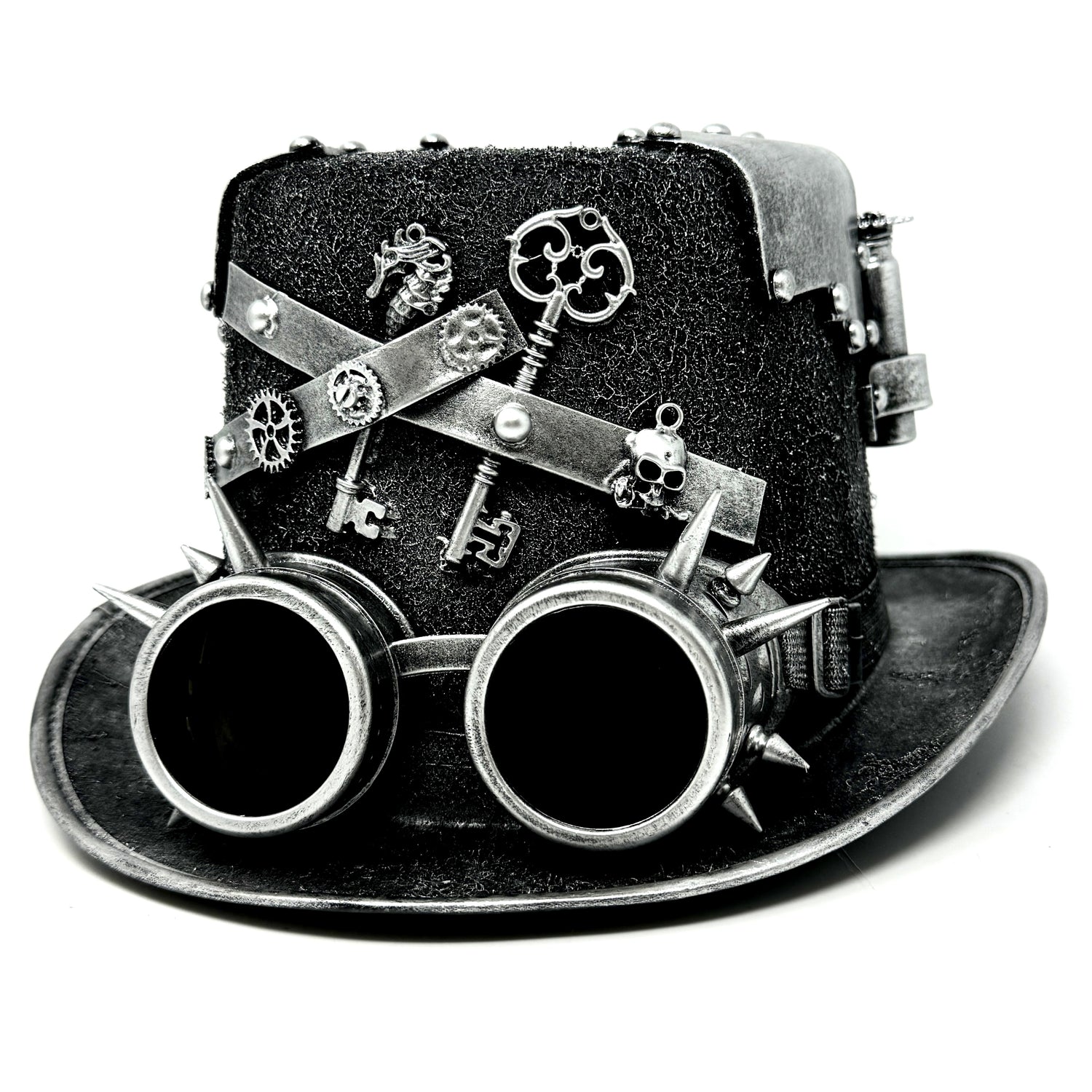 Silver Steampunk Victorian Mad Hatter Scientist Time Traveler Top Hat with Goggles For Halloween