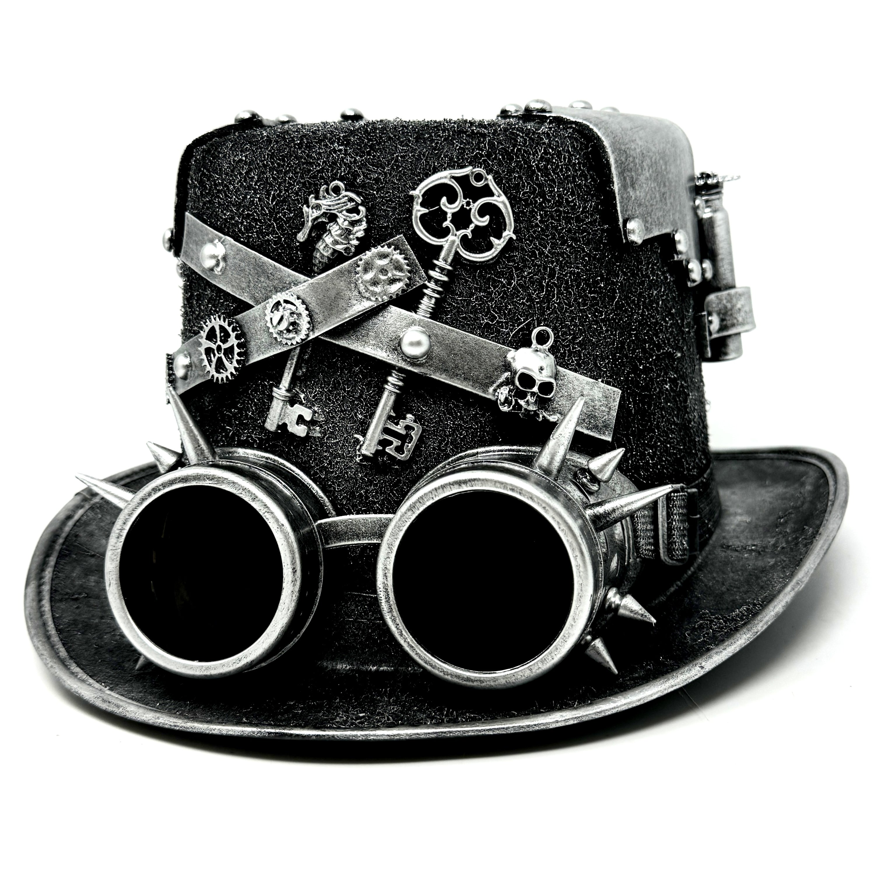 Silver Steampunk Victorian Mad Hatter Scientist Time Traveler Top Hat with Goggles For Halloween