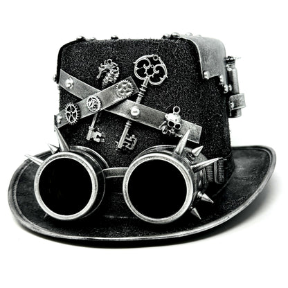 Silver Steampunk Victorian Mad Hatter Scientist Time Traveler Top Hat with Goggles For Halloween