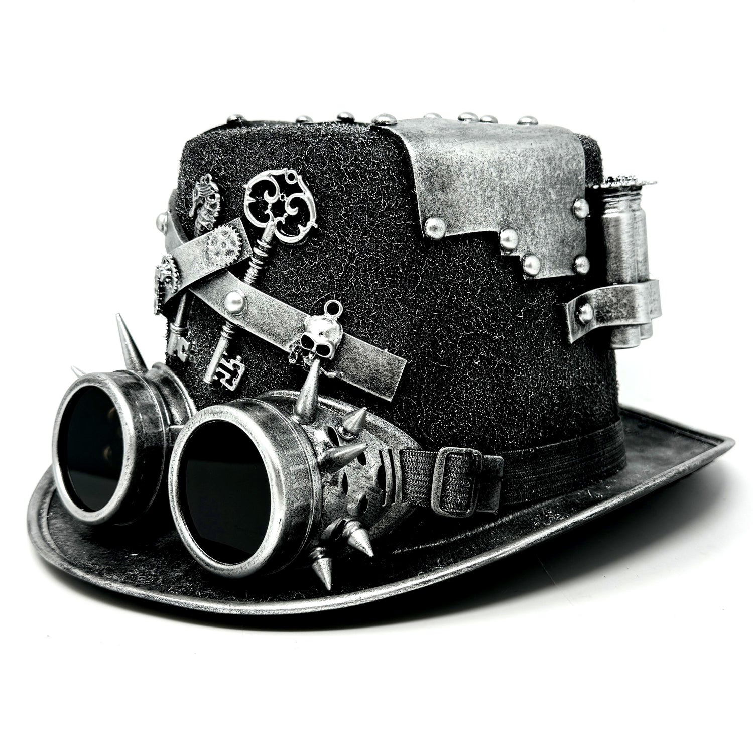 Silver Steampunk Victorian Mad Hatter Scientist Time Traveler Top Hat with Goggles For Halloween