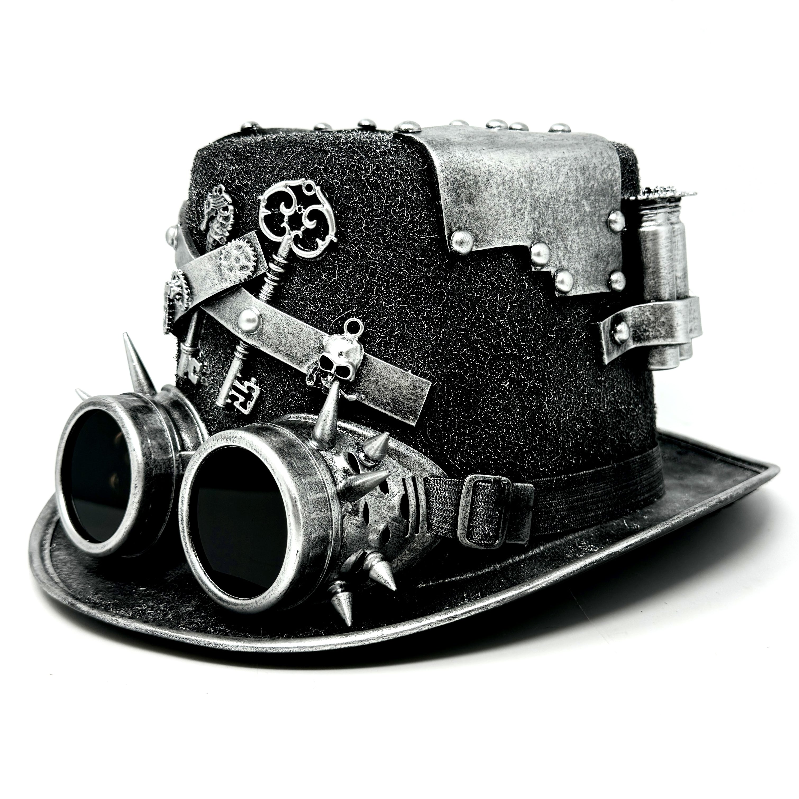 Silver Steampunk Victorian Mad Hatter Scientist Time Traveler Top Hat with Goggles For Halloween
