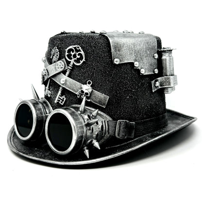 Silver Steampunk Victorian Mad Hatter Scientist Time Traveler Top Hat with Goggles For Halloween