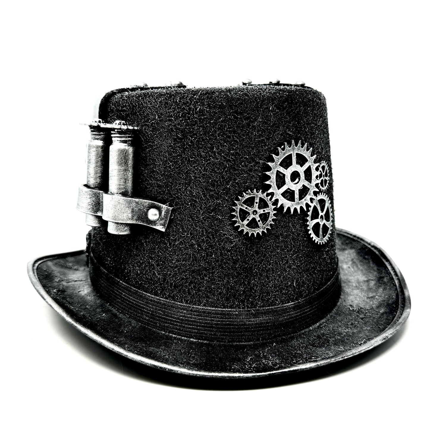 Silver Steampunk Victorian Mad Hatter Scientist Time Traveler Top Hat with Goggles For Halloween
