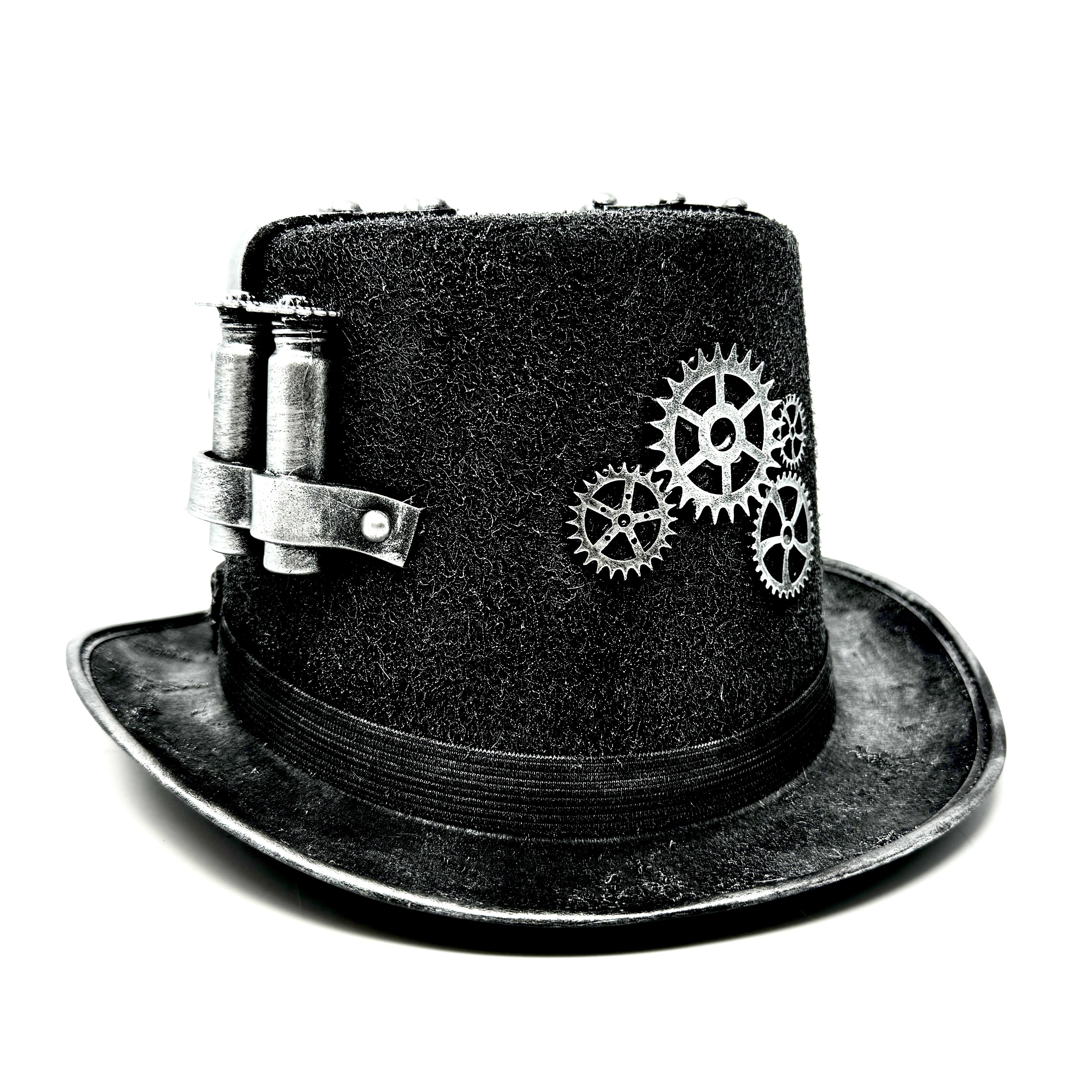 Silver Steampunk Victorian Mad Hatter Scientist Time Traveler Top Hat with Goggles For Halloween