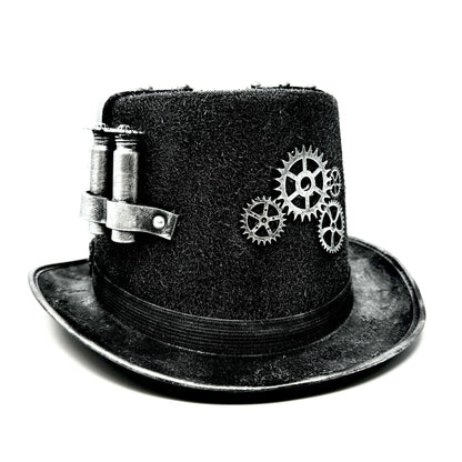 Silver Steampunk Victorian Mad Hatter Scientist Time Traveler Top Hat with Goggles For Halloween