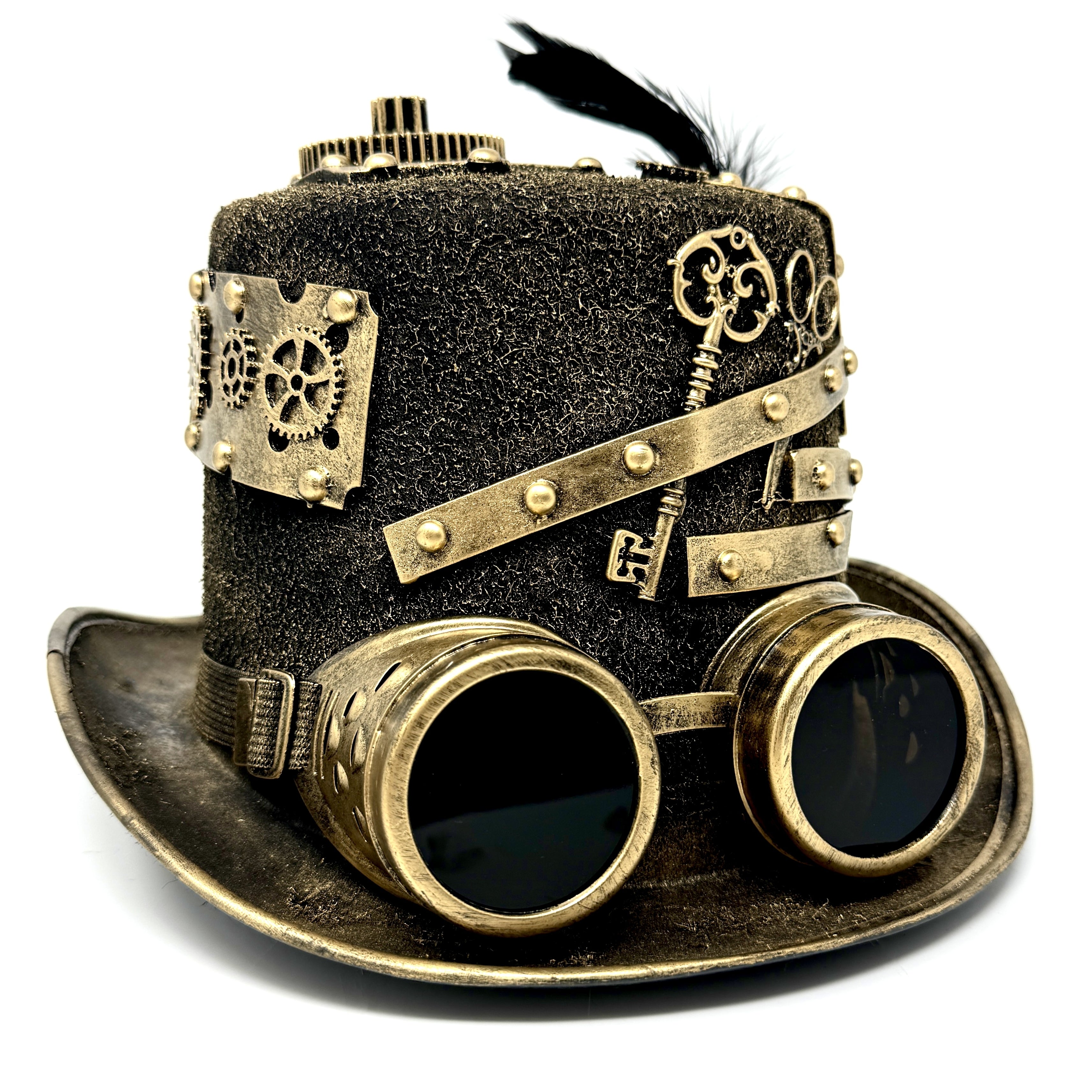 Gold Steampunk Victorian Mad Hatter Scientist Time Traveler Top Hat with Goggles For Halloween
