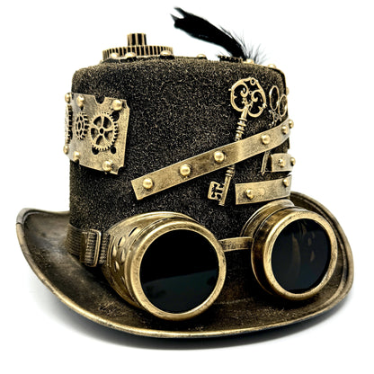 Gold Steampunk Victorian Mad Hatter Scientist Time Traveler Top Hat with Goggles For Halloween