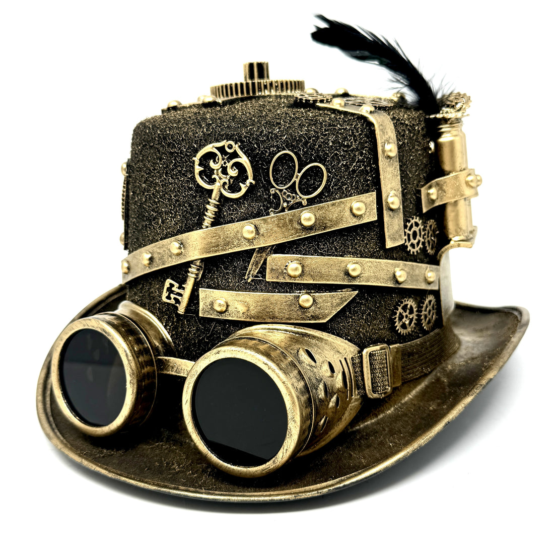 Gold Steampunk Victorian Mad Hatter Scientist Time Traveler Top Hat with Goggles For Halloween