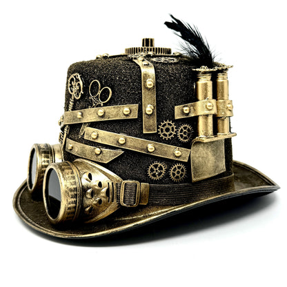 Gold Steampunk Victorian Mad Hatter Scientist Time Traveler Top Hat with Goggles For Halloween
