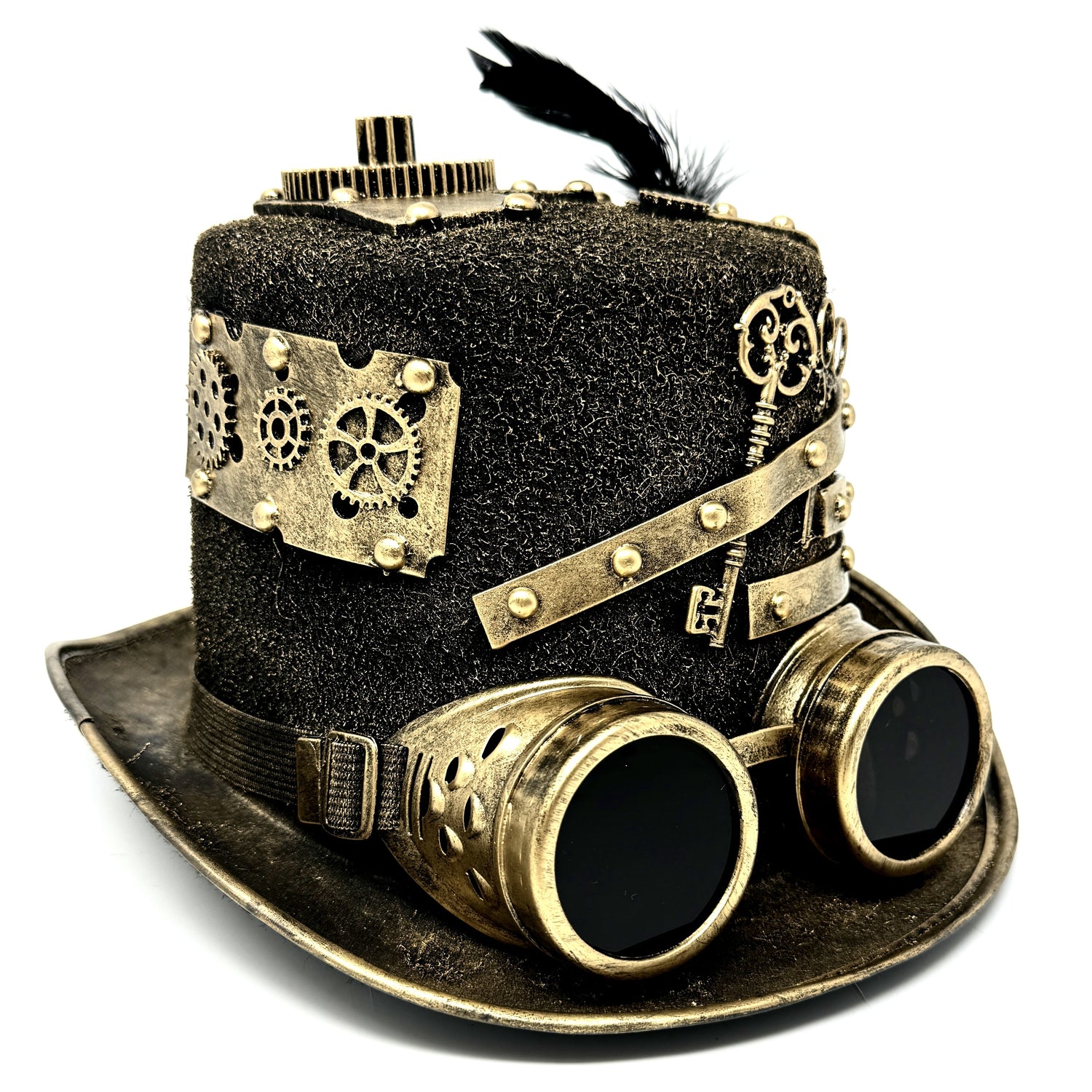 Gold Steampunk Victorian Mad Hatter Scientist Time Traveler Top Hat with Goggles For Halloween