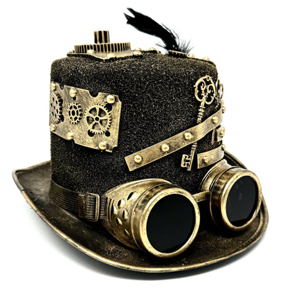 Gold Steampunk Victorian Mad Hatter Scientist Time Traveler Top Hat with Goggles For Halloween