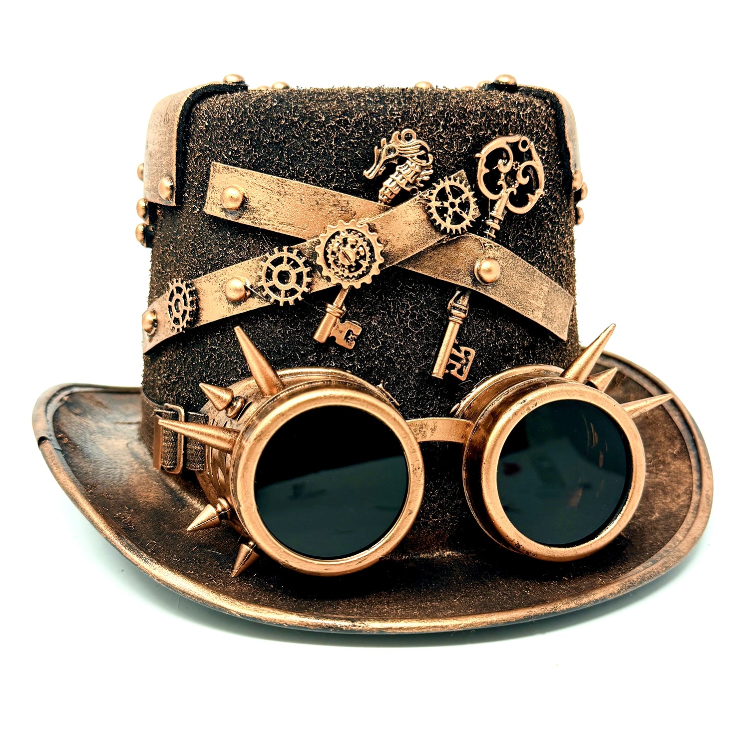 Bronze Steampunk Victorian Mad Hatter Scientist Time Traveler Top Hat with Goggles For Halloween
