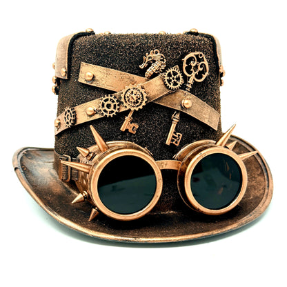 Bronze Steampunk Victorian Mad Hatter Scientist Time Traveler Top Hat with Goggles For Halloween