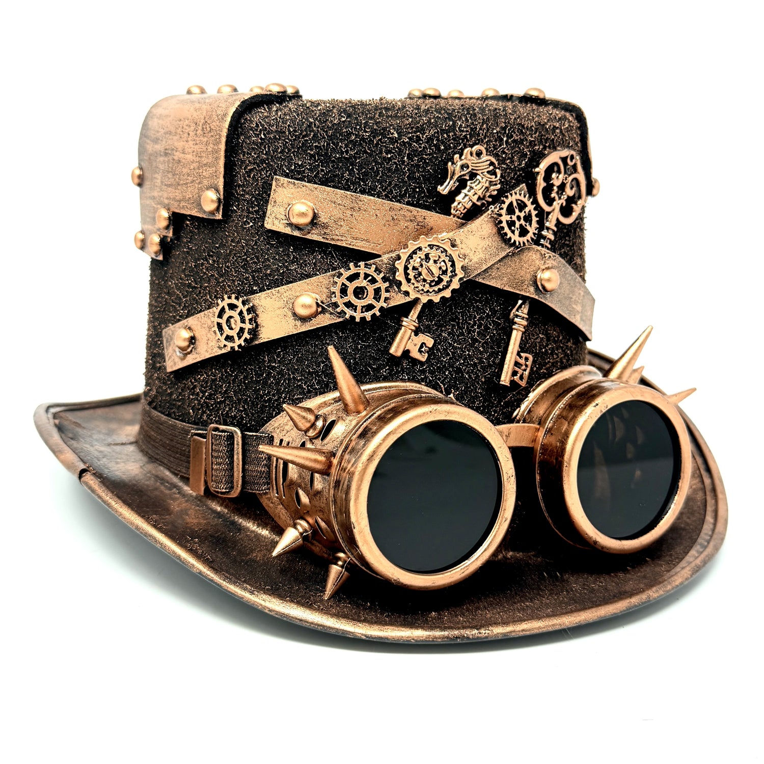 Bronze Steampunk Victorian Mad Hatter Scientist Time Traveler Top Hat with Goggles For Halloween
