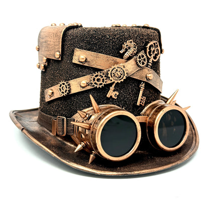 Bronze Steampunk Victorian Mad Hatter Scientist Time Traveler Top Hat with Goggles For Halloween