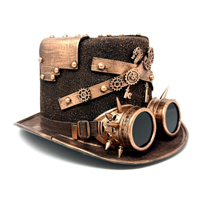 Bronze Steampunk Victorian Mad Hatter Scientist Time Traveler Top Hat with Goggles For Halloween