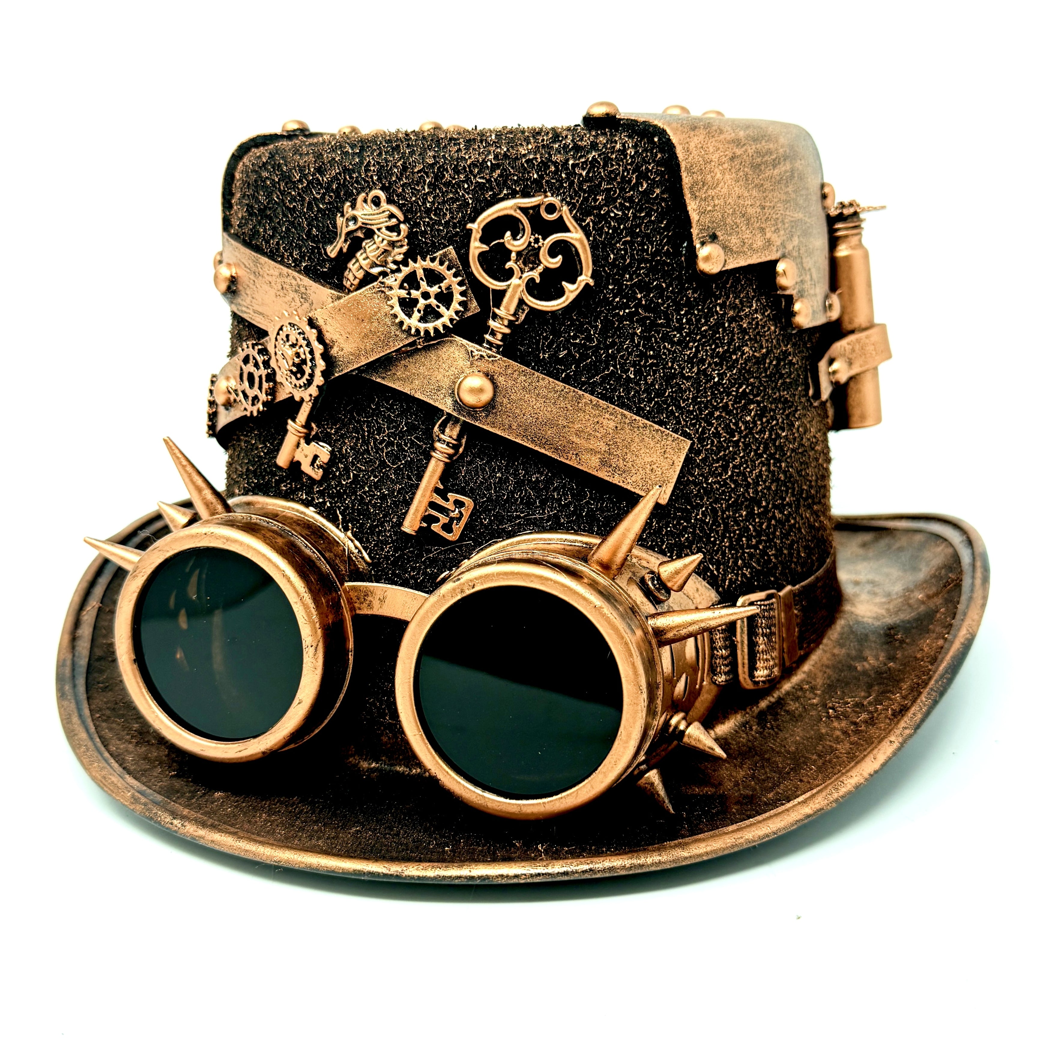 Bronze Steampunk Victorian Mad Hatter Scientist Time Traveler Top Hat with Goggles For Halloween