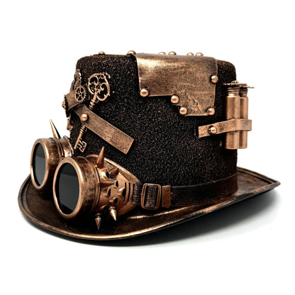 Bronze Steampunk Victorian Mad Hatter Scientist Time Traveler Top Hat with Goggles For Halloween
