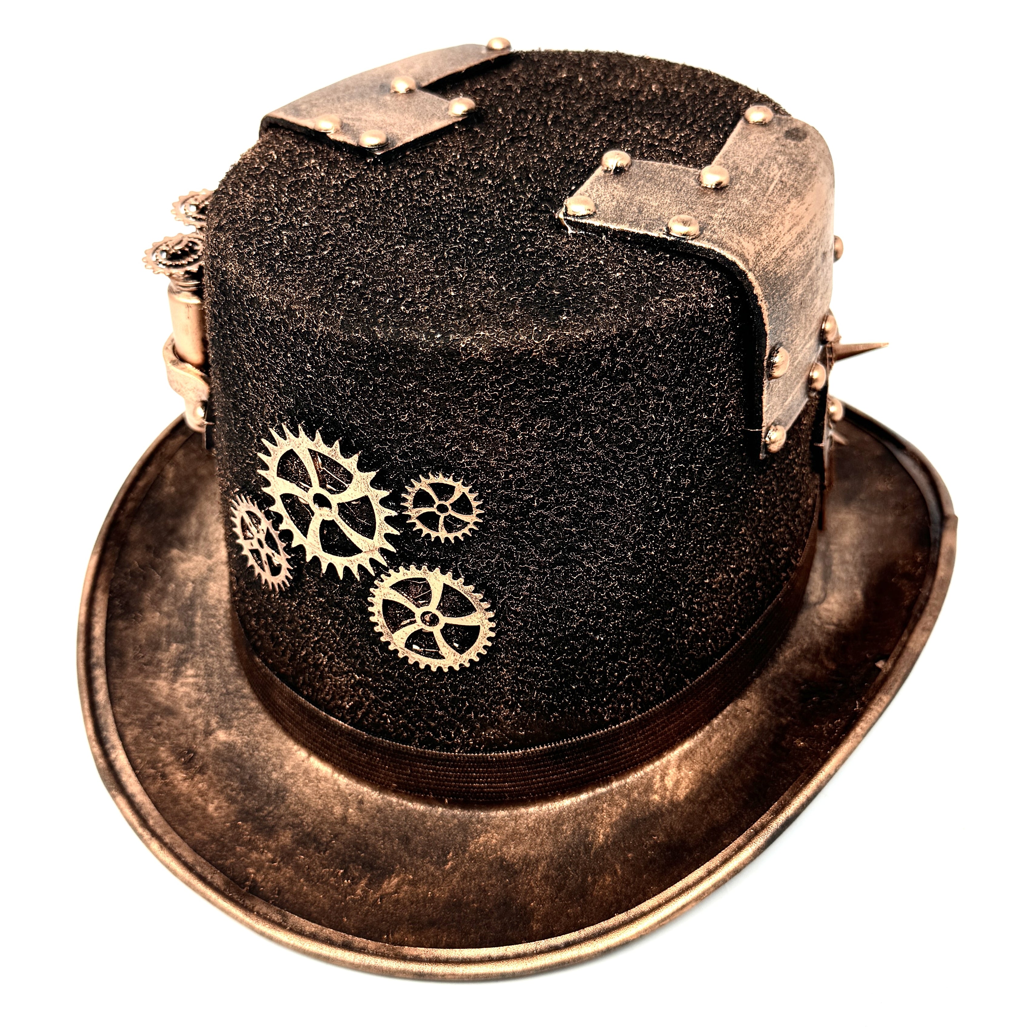 Bronze Steampunk Victorian Mad Hatter Scientist Time Traveler Top Hat with Goggles For Halloween