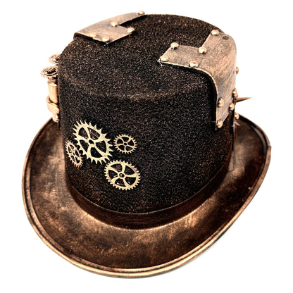 Bronze Steampunk Victorian Mad Hatter Scientist Time Traveler Top Hat with Goggles For Halloween