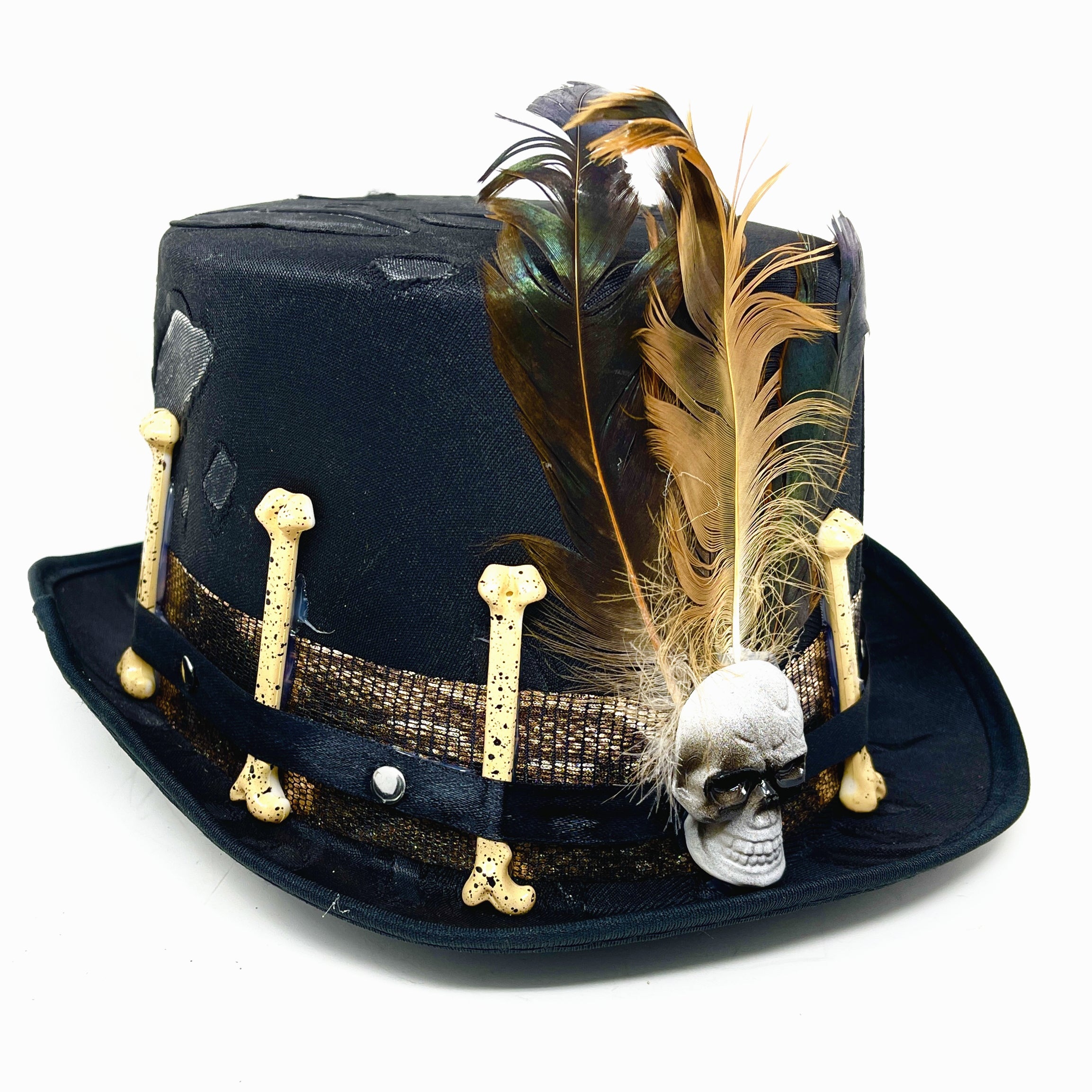 Black Skull Steampunk Victorian Mad Hatter Scientist Time Traveler Top Hat For Halloween
