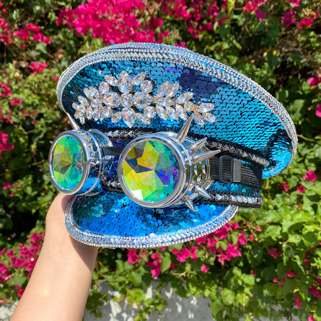 RAVE Captain Style Luxury Women Rhinestone Sequin Sparkly Concert Hat for Music Festivals